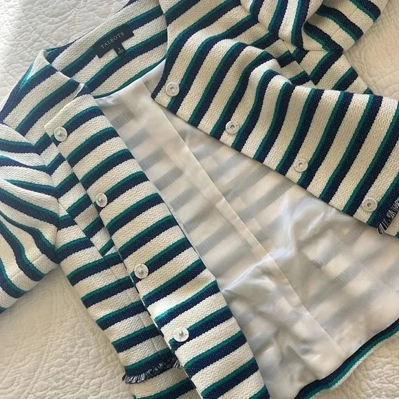 Talbots Striped Cotton Blend Textured Jacket Peplum Back Women’s 8 Cream Preppy - Picture 17 of 17